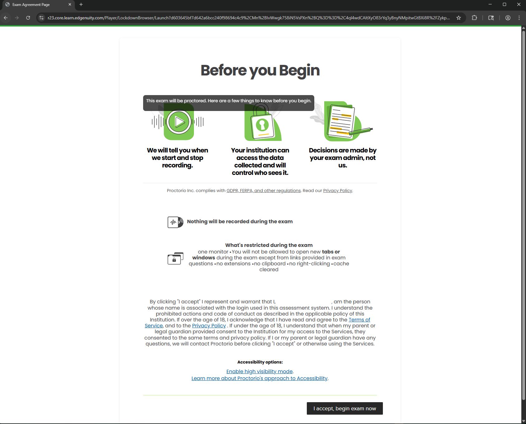Proctorio pre-check screen shown before an Edgenuity exam